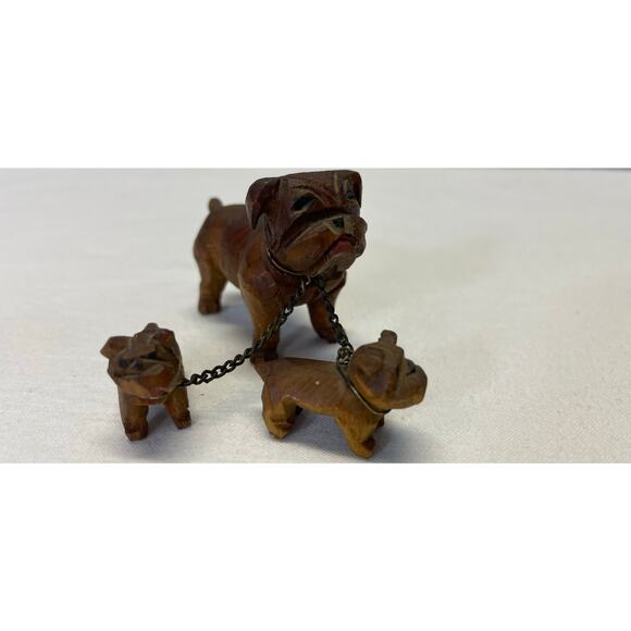 Vtg 40s 50s Chained Bulldog Figurines Wood Carved Knick Knacks Mini Mama Puppies - Picture 3 of 10